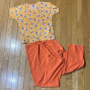 Dickies Orange Scrub bottoms paired with colorful scrub top.